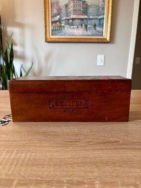 Vintage Wooden Recipe Box - 11in - Engraved “Recipes” on Wooden Box with Divider